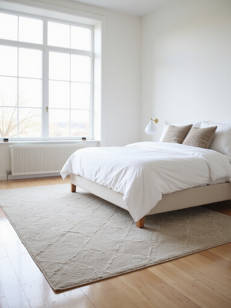 Modern bedroom with large geometric rug under king bed