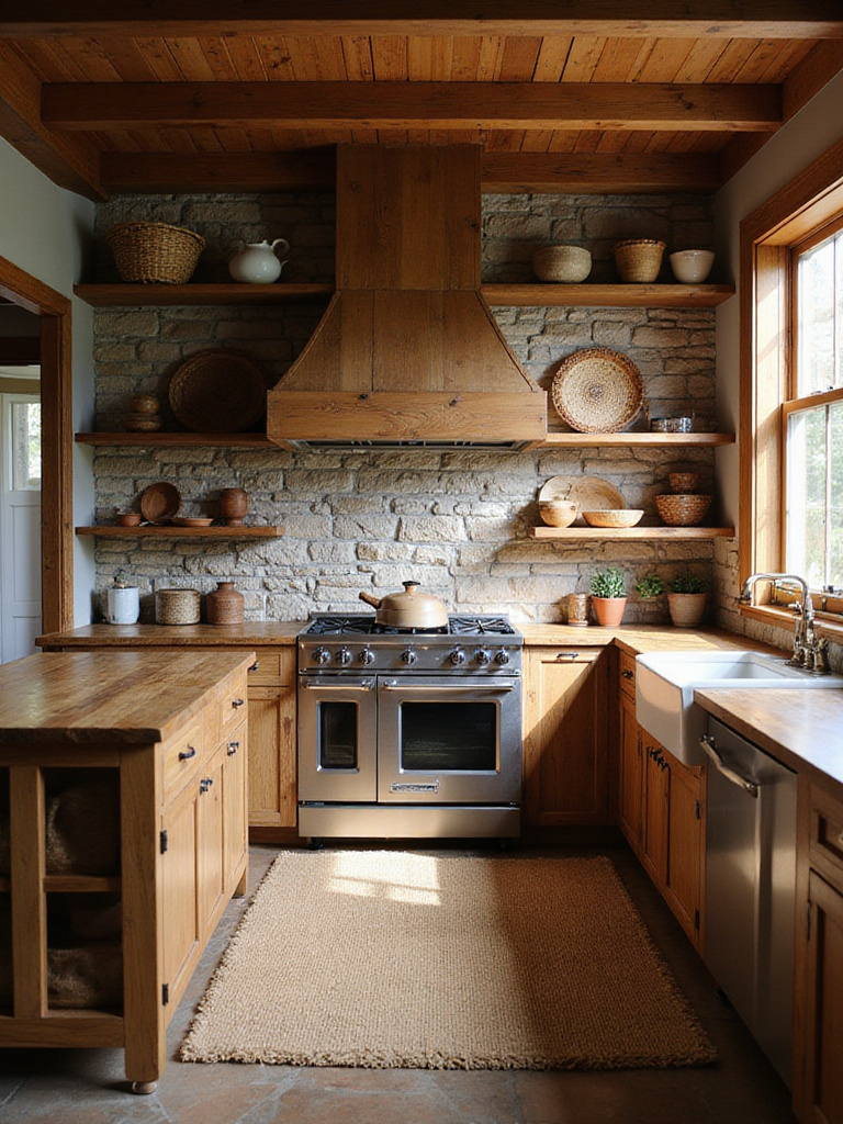Rustic brown kitchen with layered wood, stone, and woven textures.
