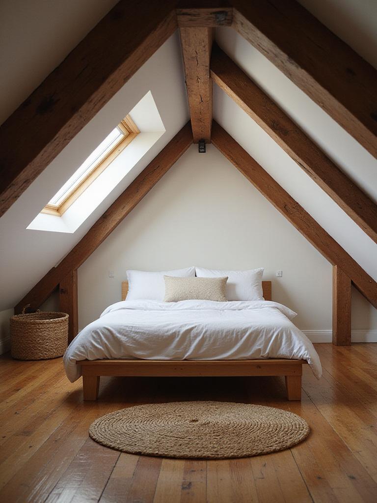Attic bedroom with exposed wooden beams creating a rustic and charming atmosphere.