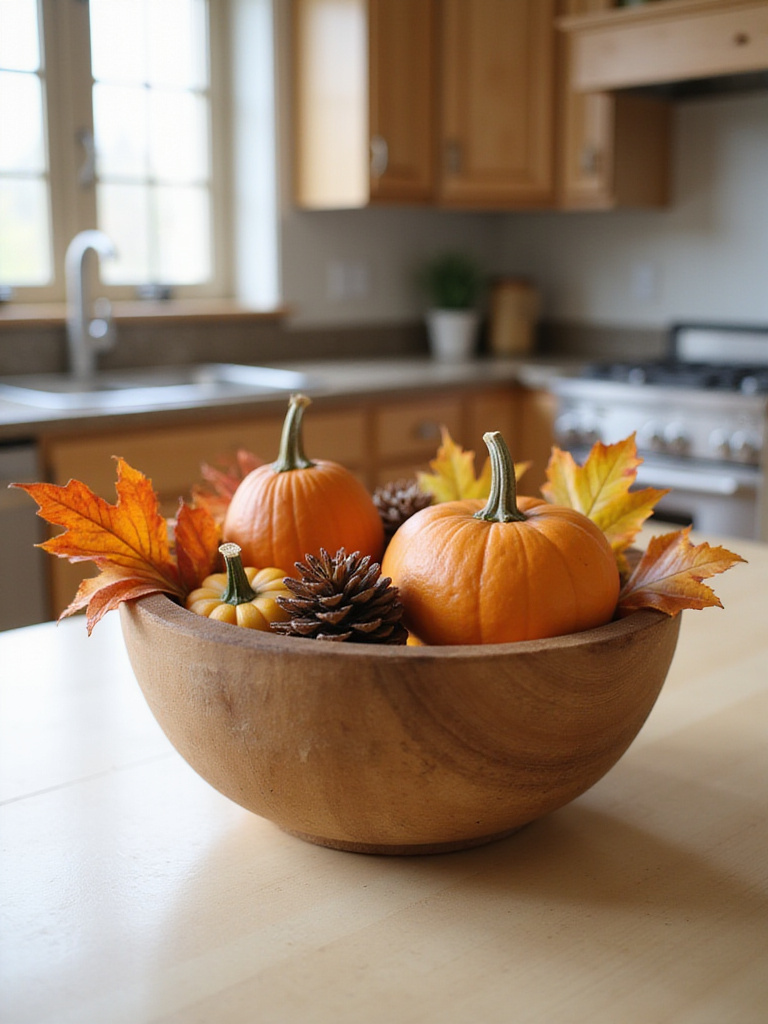 Rustic wooden dough bowl centerpiece filled with autumn decorations on a kitchen table