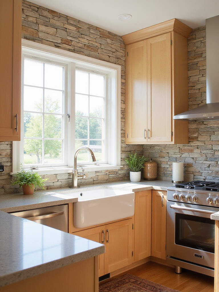 Rustic ledgestone veneer backsplash in a modern farmhouse kitchen.