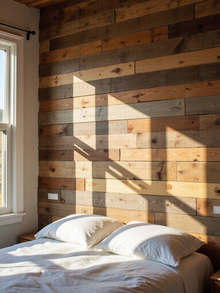 Rustic bedroom featuring a reclaimed wood panel accent wall behind the bed.