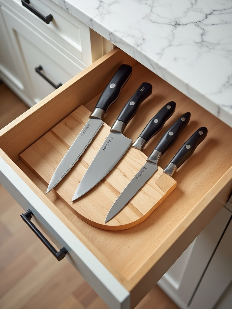 In-drawer knife block safely storing kitchen knives, maximizing drawer space.
