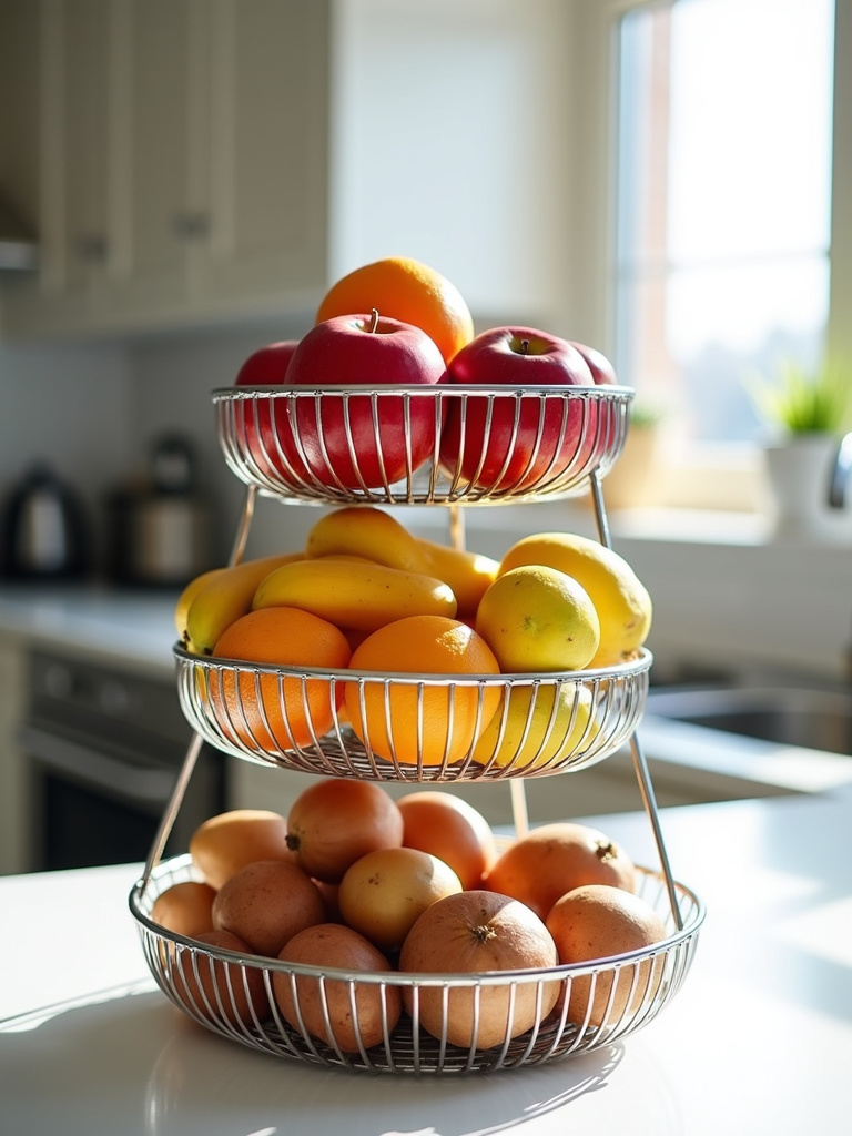 Three-tiered fruit and vegetable basket on kitchen counter, maximizing storage space.