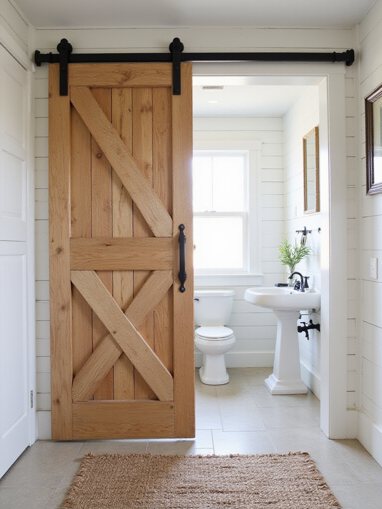 Farmhouse bathroom with a space-saving sliding barn door to the toilet room.