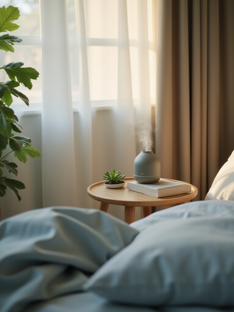 Bedroom with aromatherapy diffuser creating a relaxing ambiance.