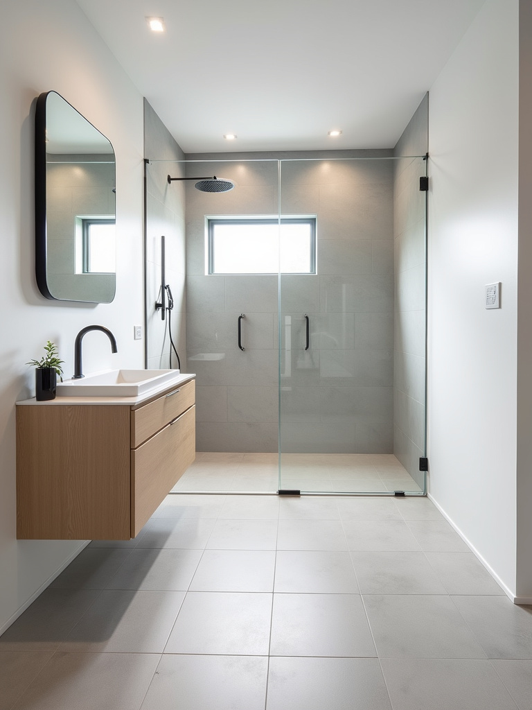 Small bathroom with light gray, seamless porcelain tile flooring extending into the shower.