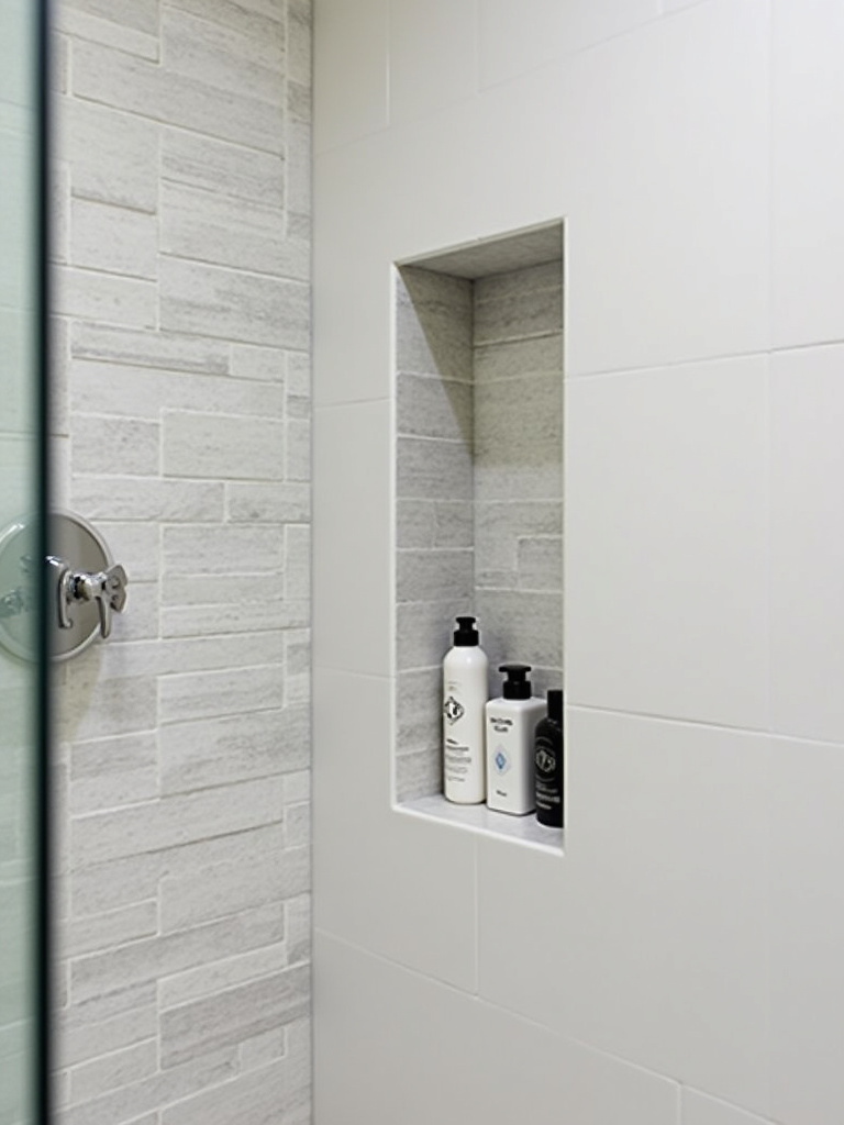Modern bathroom shower with built-in tiled niche for shampoo and soap storage.