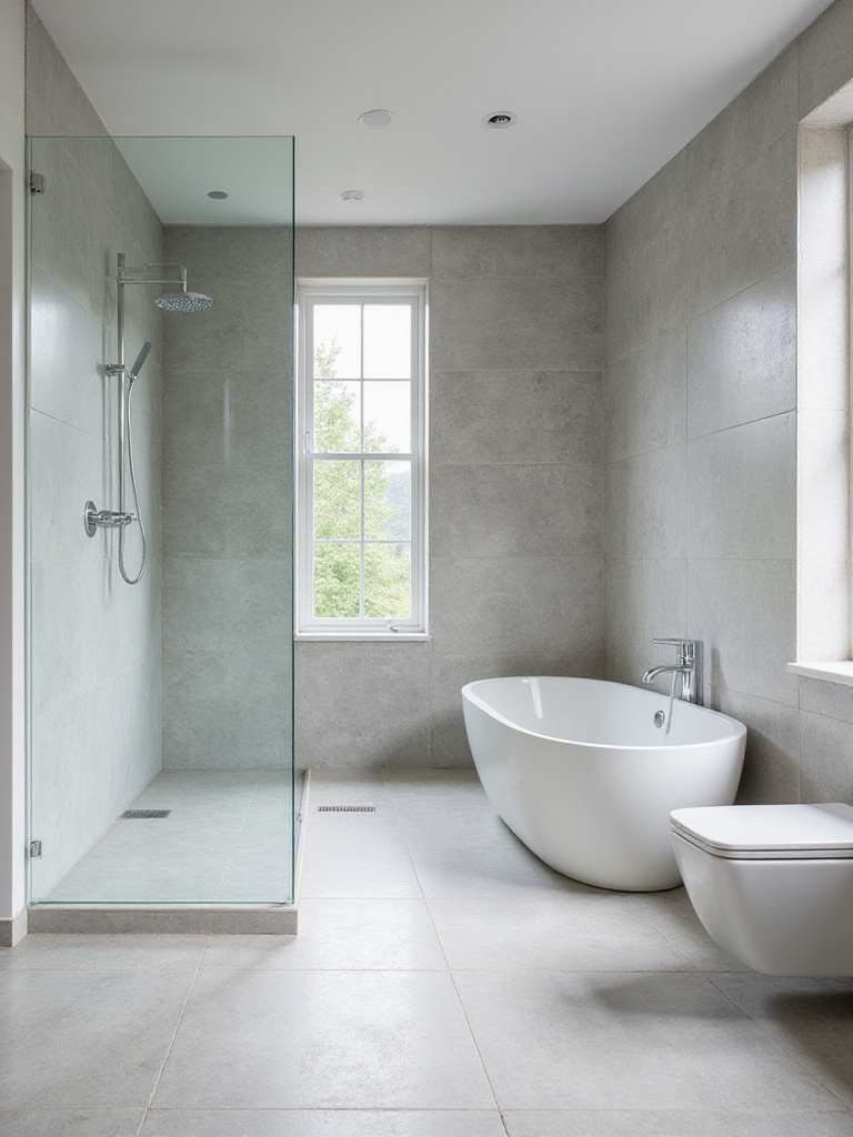 Modern wet room with seamless shower and linear drain