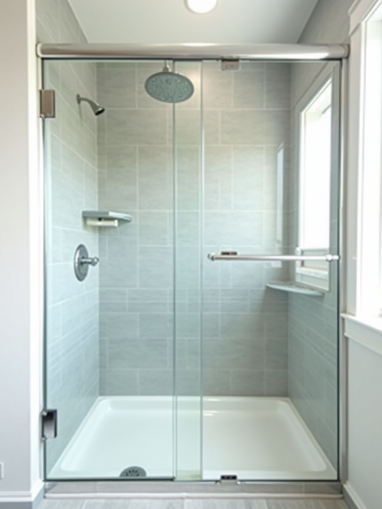 Small bathroom with frameless glass shower door creating an open feel