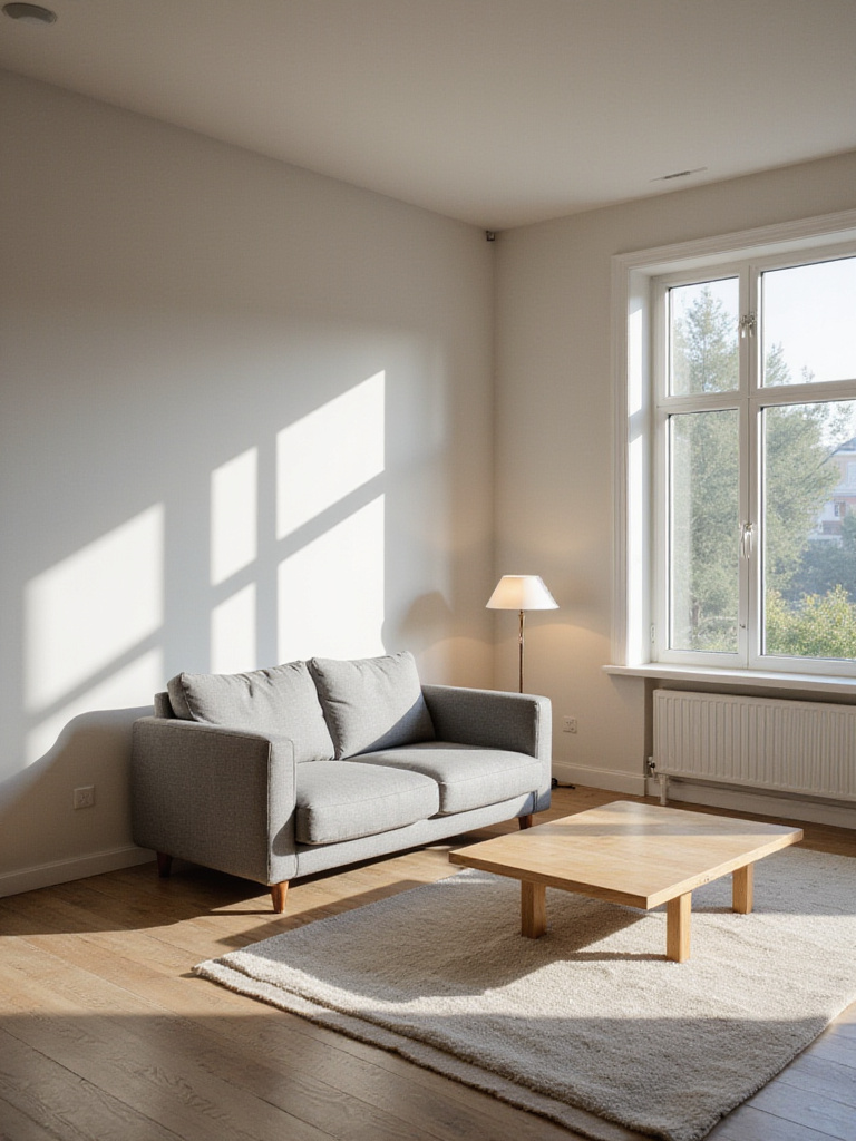 Minimalist living room with simple lighting fixtures and neutral decor.