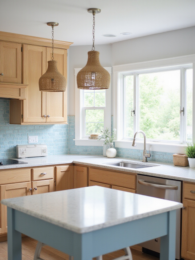 Coastal kitchen design with light brown cabinets and a blue island.