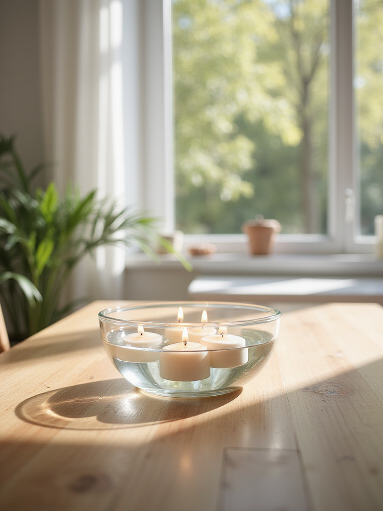 Elegant kitchen table centerpiece with floating candles in a glass bowl.