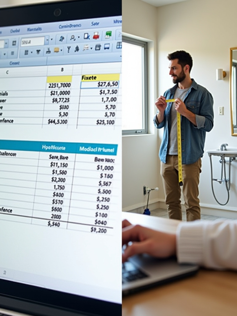 Bathroom renovation budget spreadsheet next to a partially renovated bathroom, illustrating the importance of financial planning.