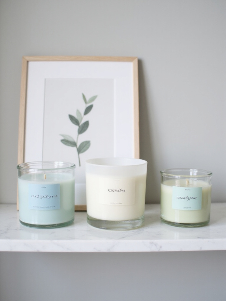 Luxurious scented candles on a bathroom shelf creating a relaxing atmosphere.