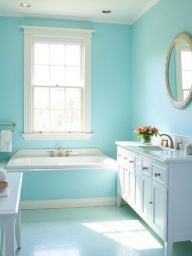 Refreshing light blue bathroom with white trim and natural light.