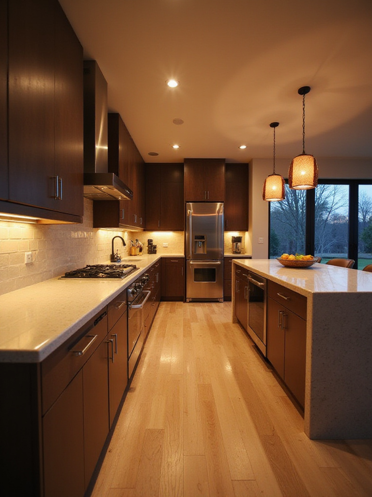 Luxury kitchen with smart lighting showcasing layered illumination for ambiance and functionality.