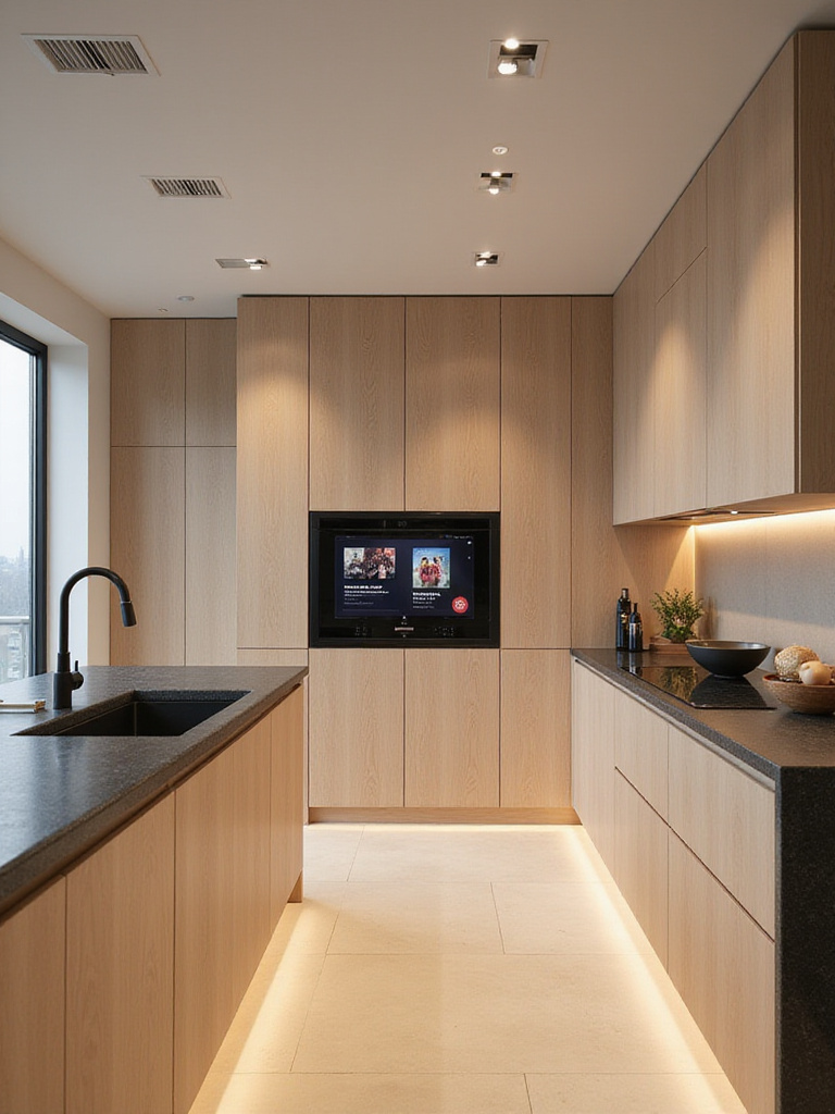 Luxury kitchen with integrated sound system and in-ceiling speakers
