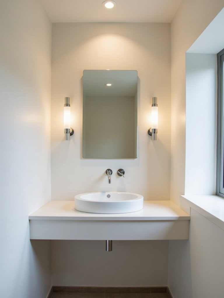 Small bathroom with recessed lighting and sconces providing ample illumination.