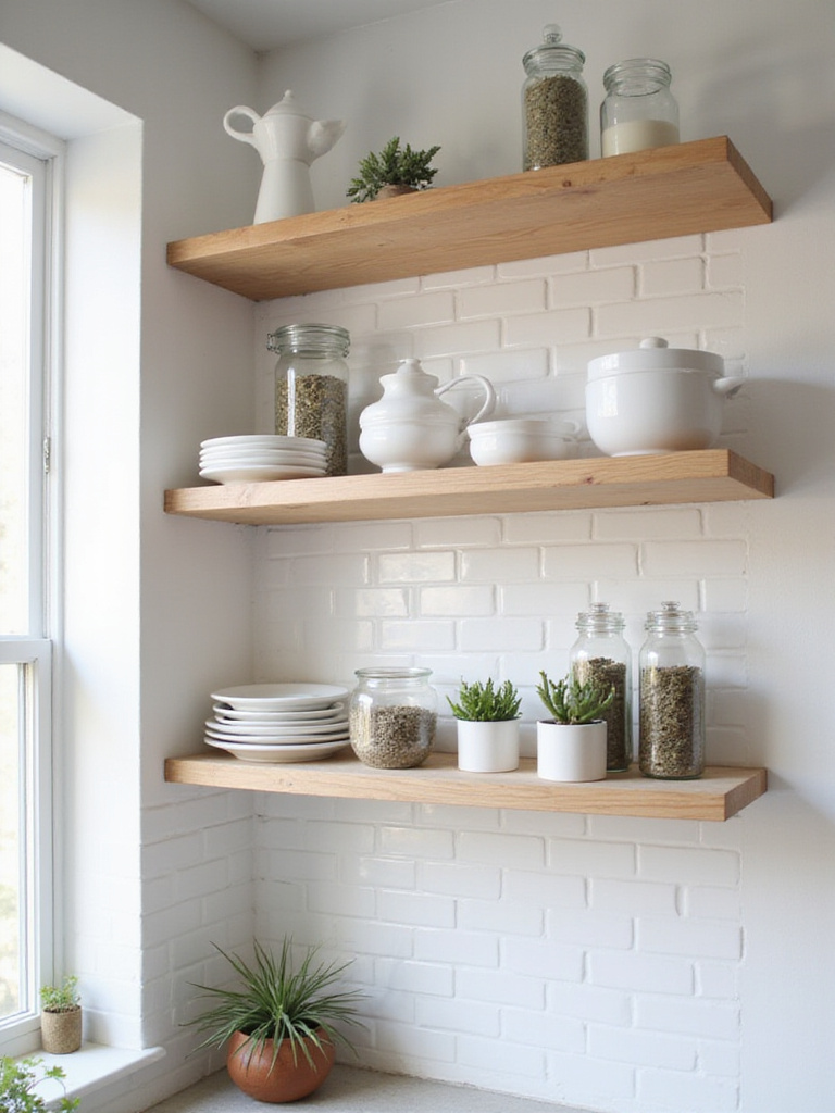 Modern kitchen with light wood open shelving displaying white dishes, herbs, and succulents.