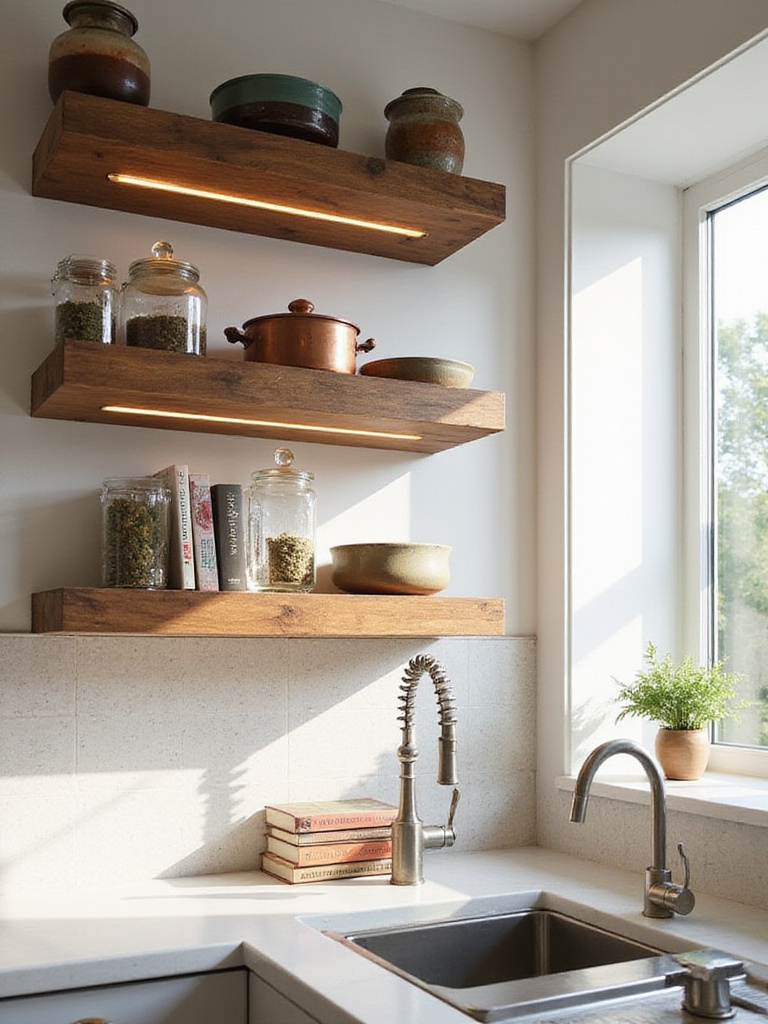 Luxury kitchen with open shelving displaying curated cookware and ceramics