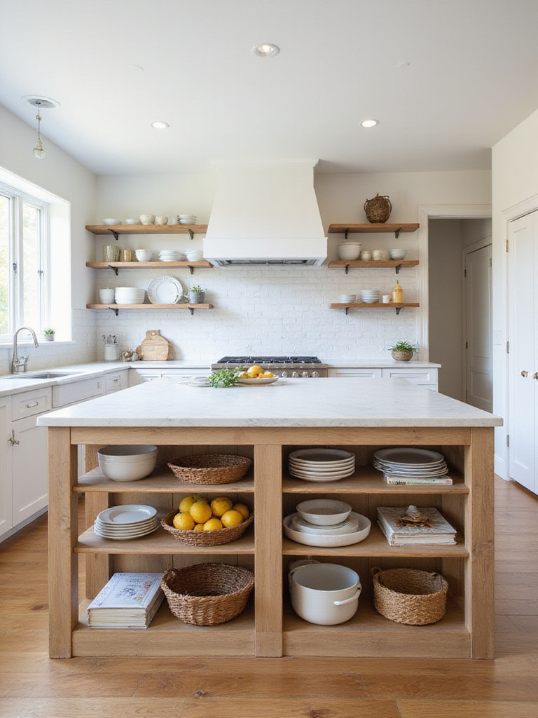 Kitchen island with open shelving displaying cookbooks, white dishes, and woven baskets of lemons.