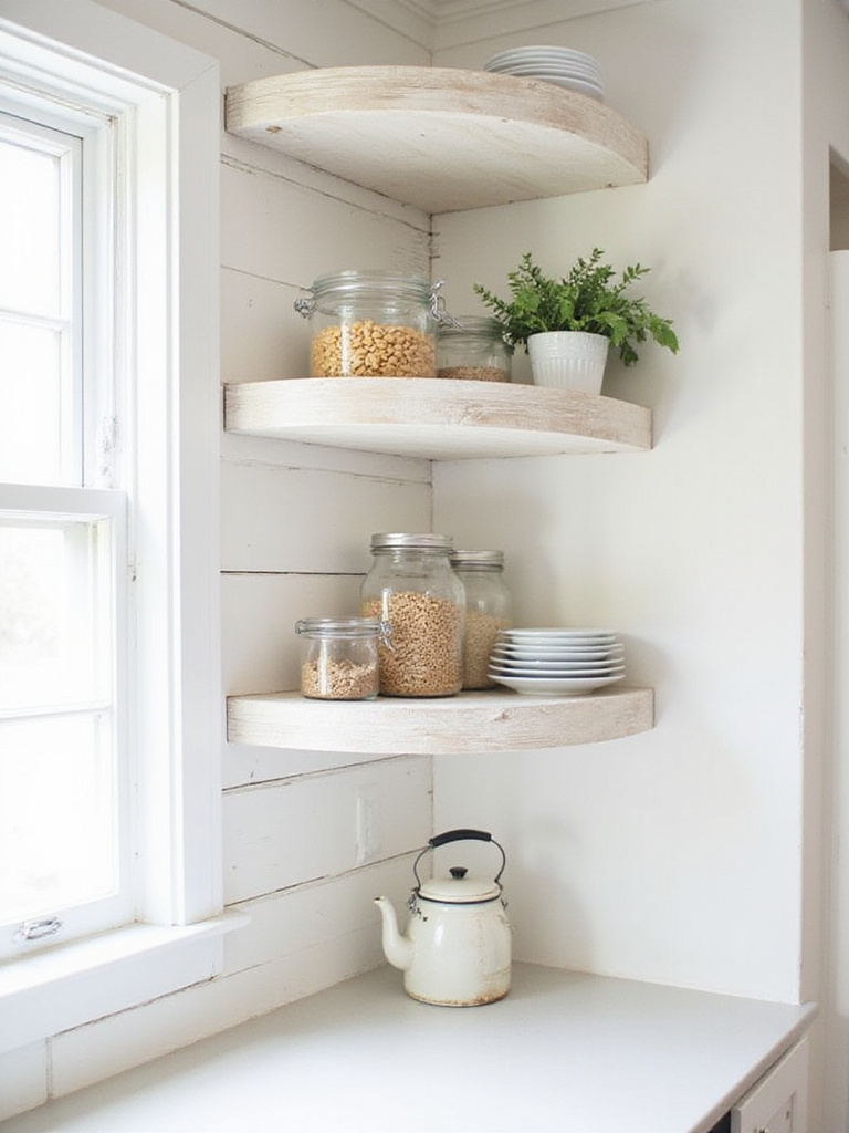 Farmhouse kitchen with open shelving displaying dishes and decor