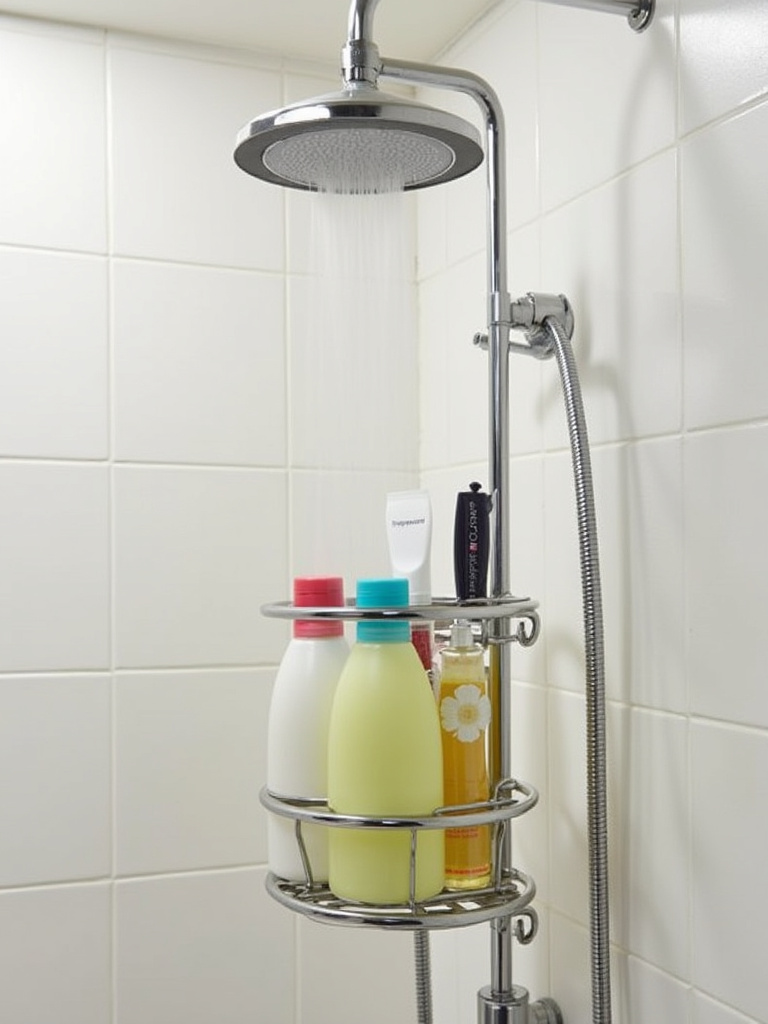 Stainless steel shower caddy filled with shower essentials hanging from showerhead.