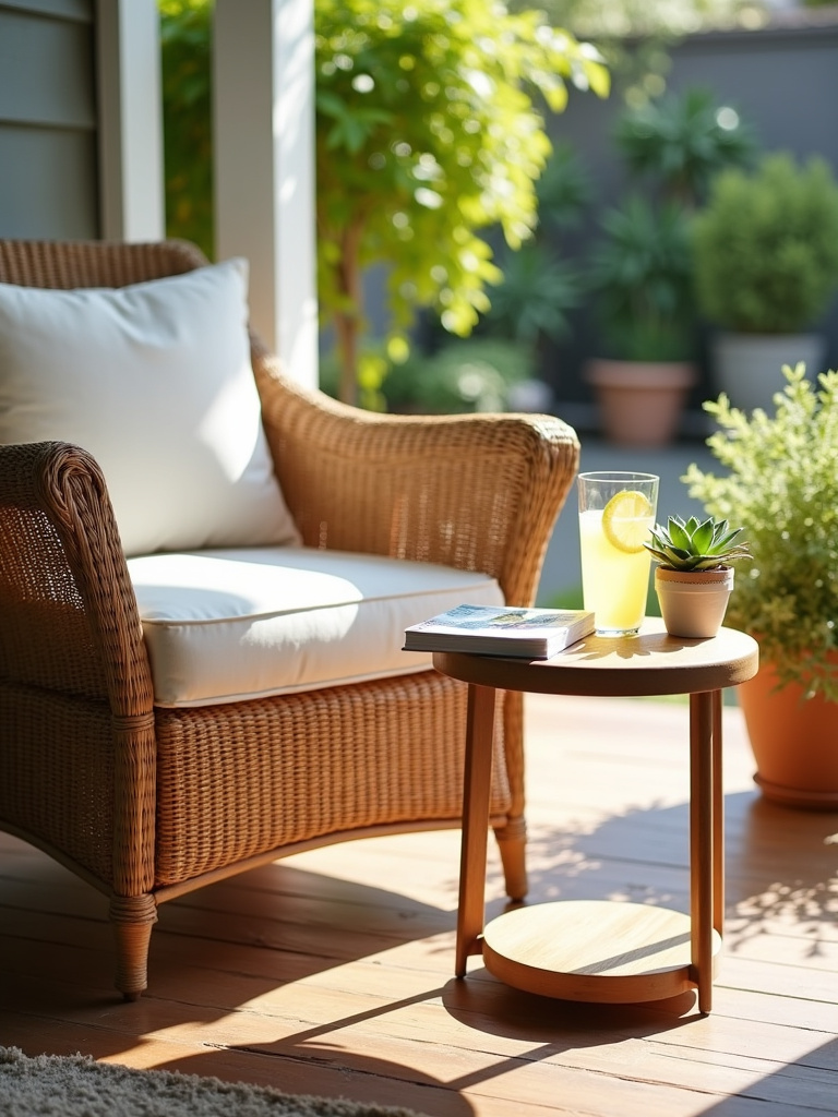 Porch decor featuring a teak side table with lemonade, book, and succulent next to a wicker armchair.