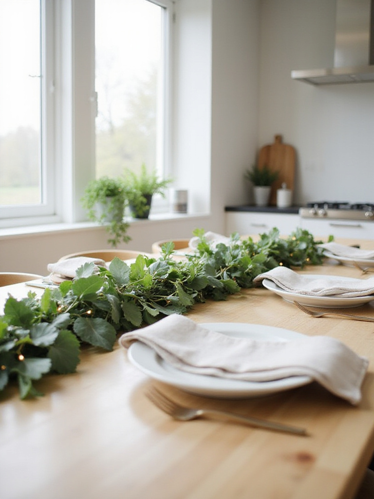 Greenery garland runner centerpiece on a kitchen table