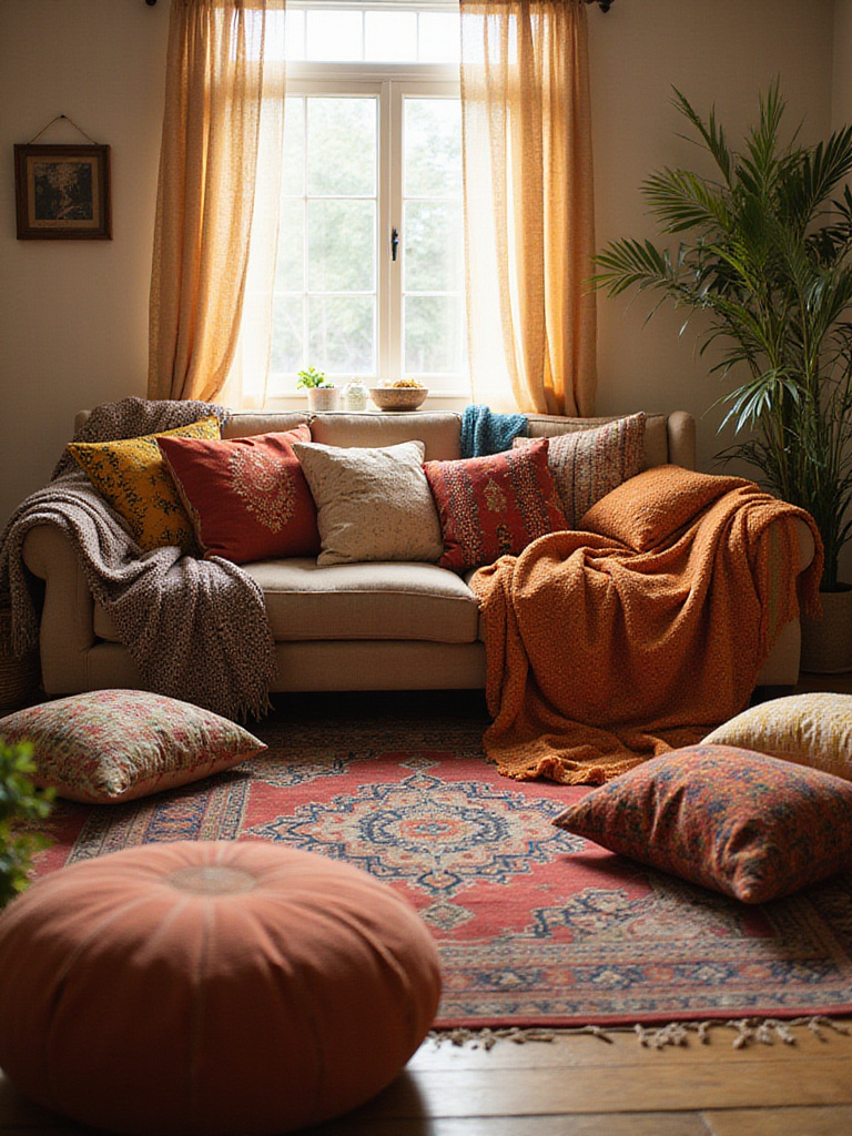 Boho living room with low sectional sofa and many colorful cushions