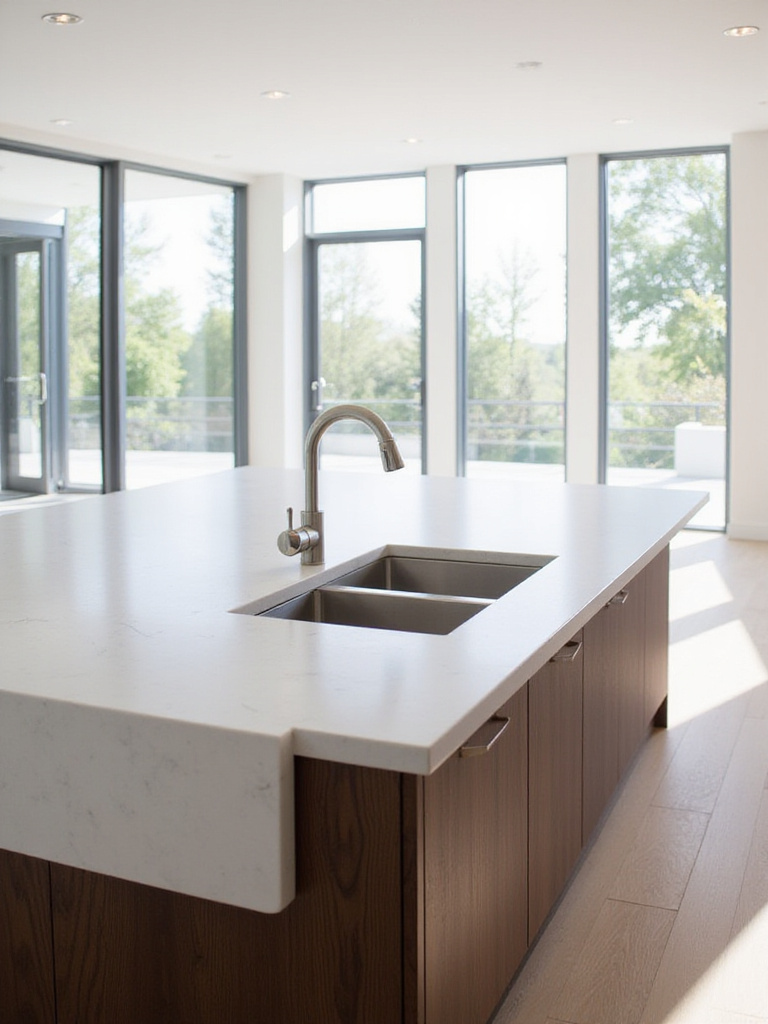 Kitchen island with integrated stainless steel prep sink and white quartz countertop