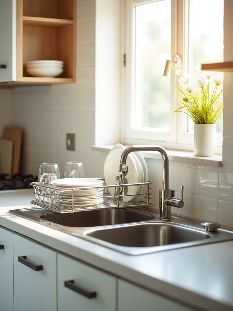 Over-the-sink dish rack maximizing space in a modern apartment kitchen