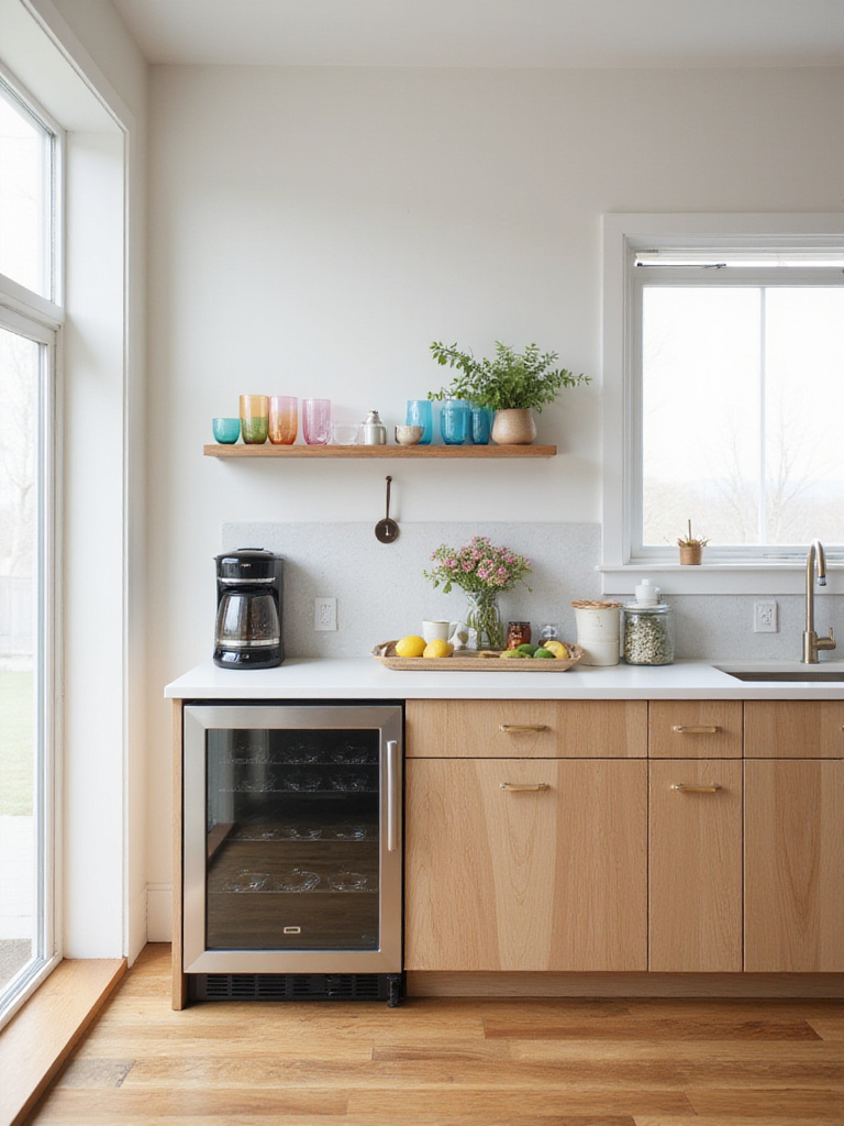 Modern kitchen island with a dedicated beverage station featuring a coffee maker, beverage fridge, and colorful glassware.