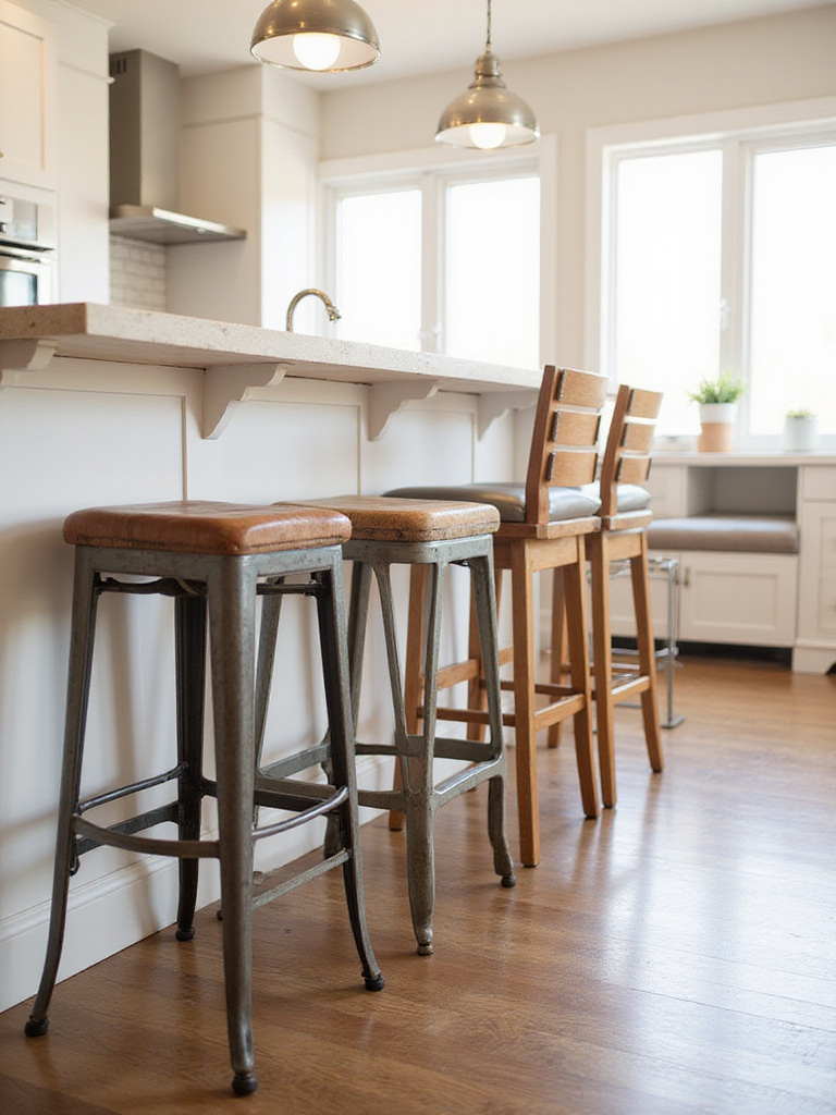 Six different stylish bar stools lined up along a kitchen island.