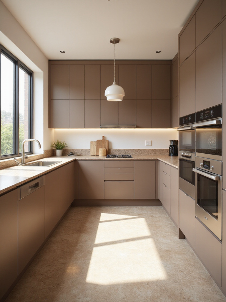 Sleek brown minimalist kitchen with handleless cabinets and natural light