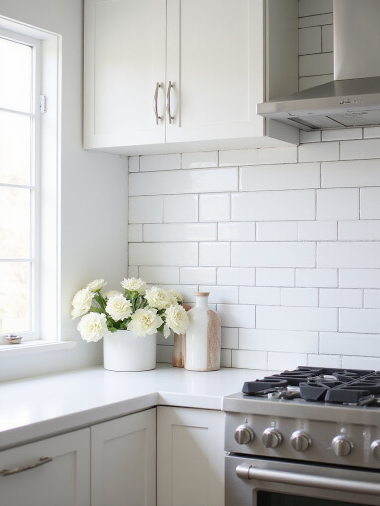 Modern kitchen backsplash featuring stacked white subway tile with dark gray grout.