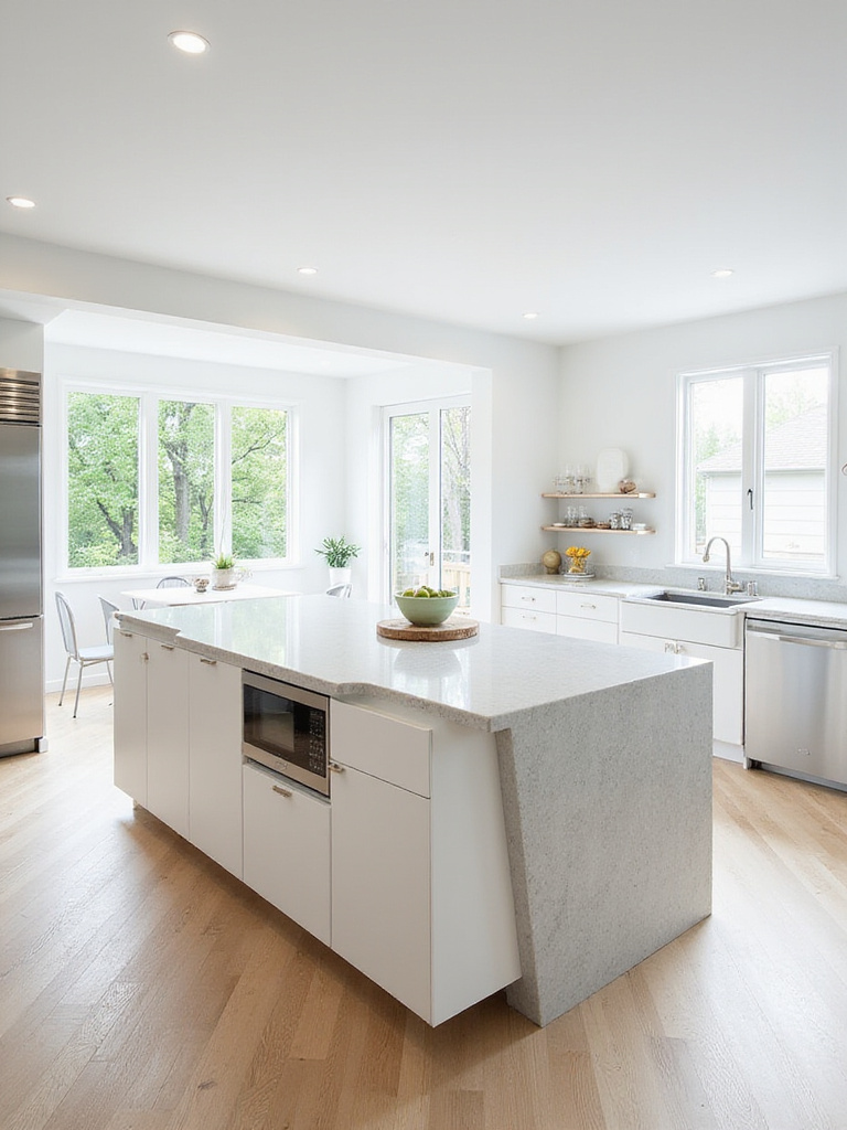 Sleek minimalist kitchen island with white cabinetry and quartz countertop
