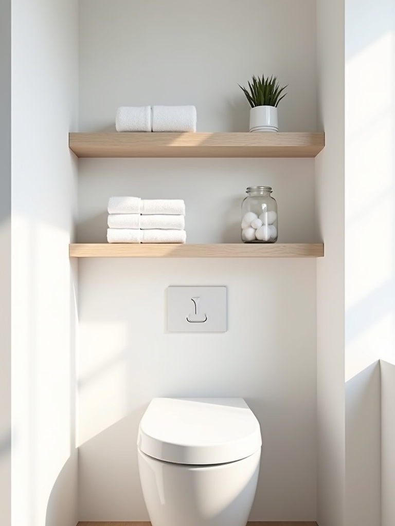 Minimalist bathroom with light wood floating shelves displaying towels, a succulent, and cotton balls.