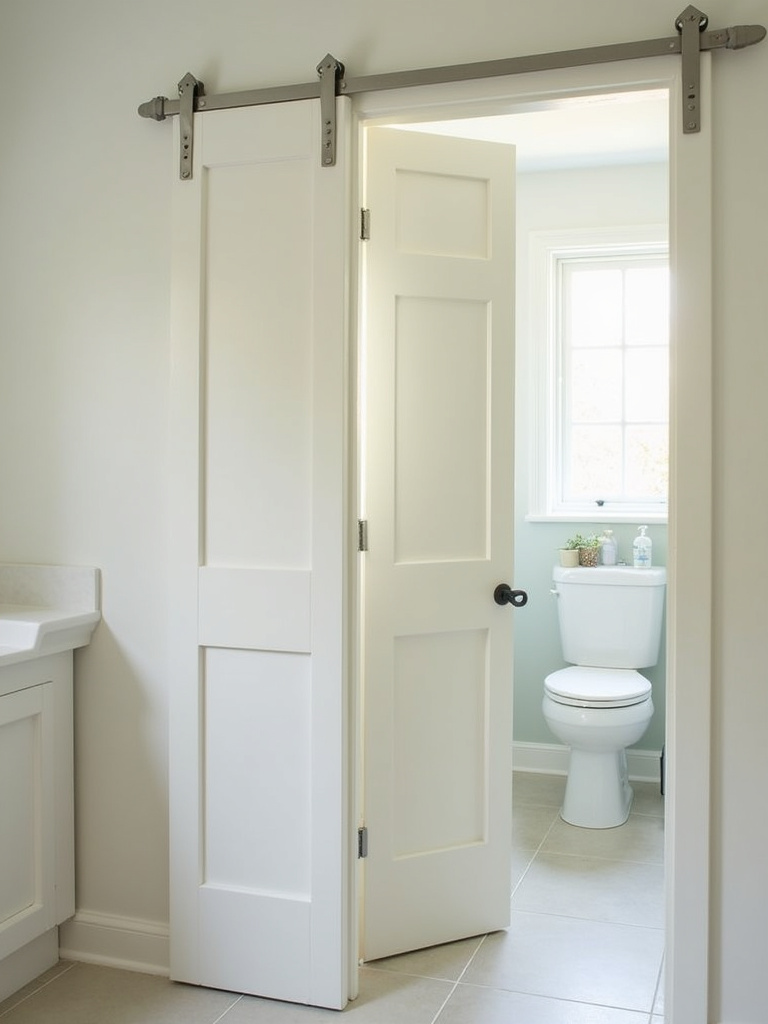 Small bathroom with a partially open pocket door, showcasing space-saving design.