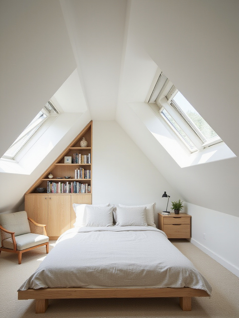 Attic bedroom with sloped ceilings, skylights, and built-in storage.