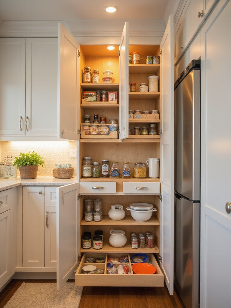 Organized kitchen cabinets featuring spice racks, drawer dividers, and pull-out waste bin.