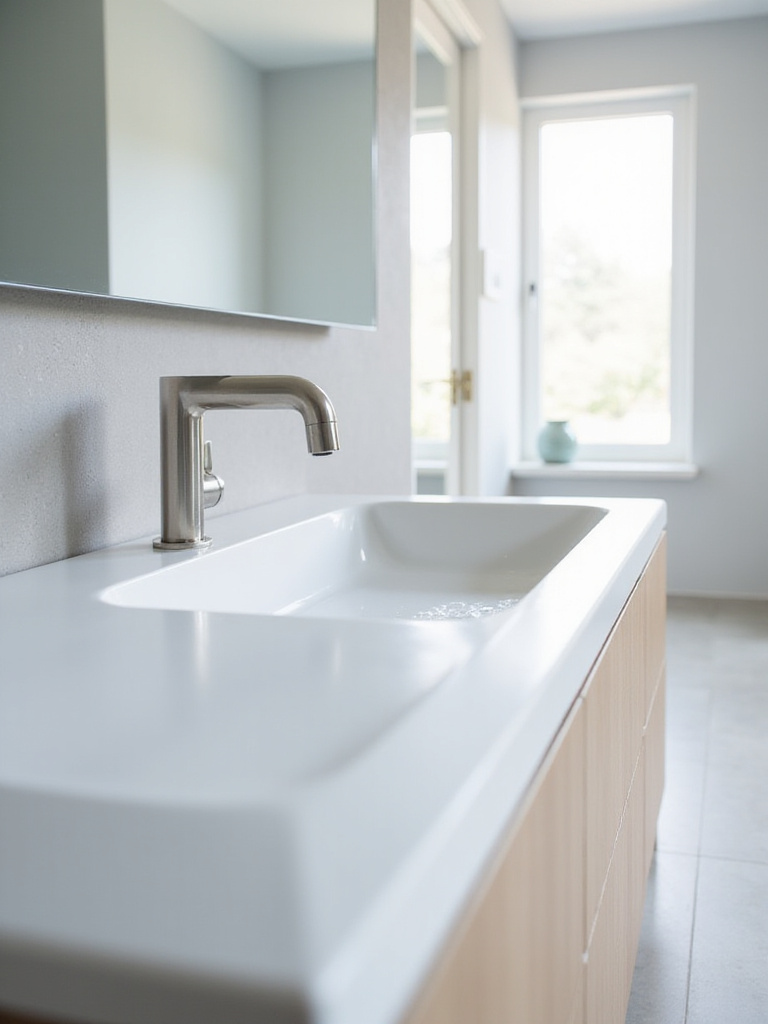 Modern bathroom featuring a white solid surface countertop with an integrated sink and brushed nickel wall-mounted faucet.