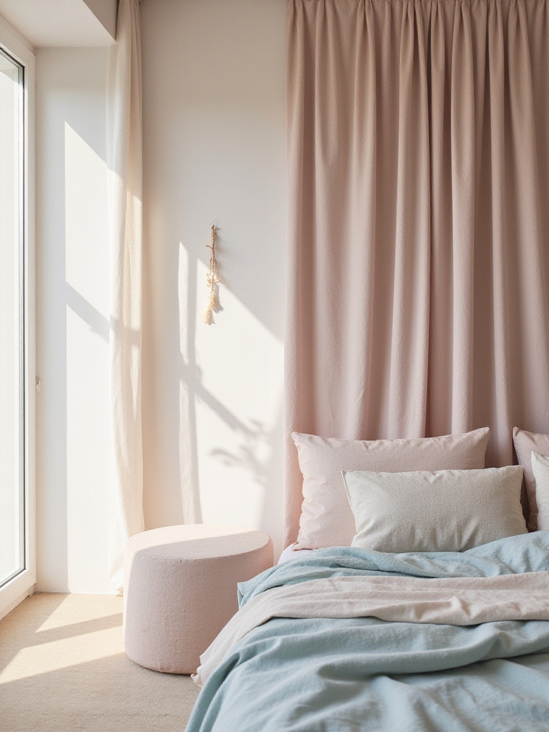 Bedroom with soft fabric wall drape in blush pink behind the bed