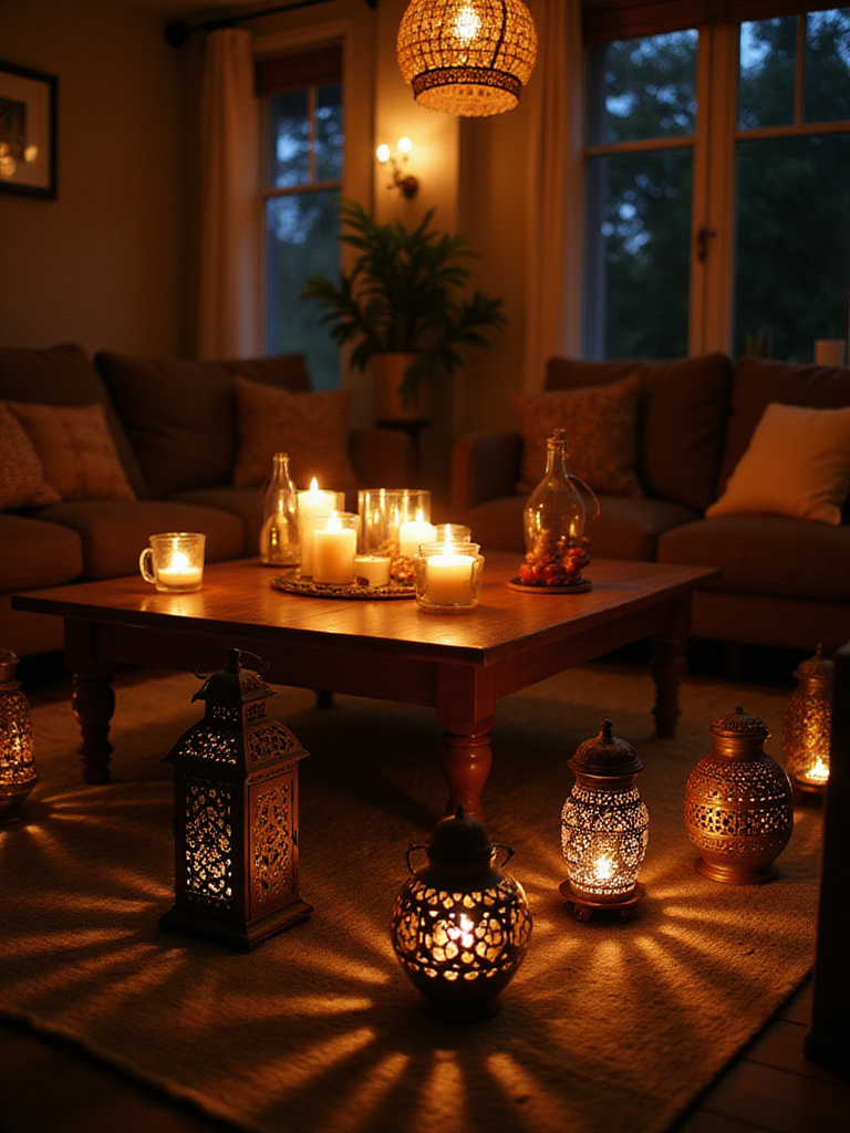 Boho living room illuminated by candles and lanterns, creating a warm and inviting atmosphere.