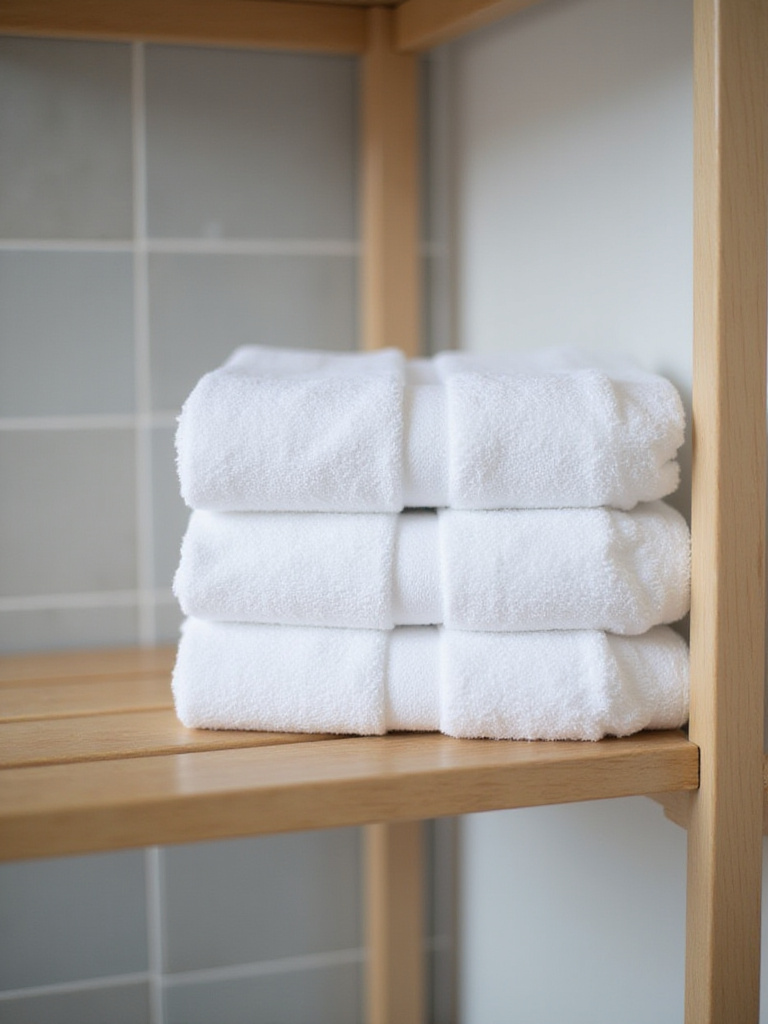 Neatly folded white hand towels displayed on a wooden bathroom shelf.