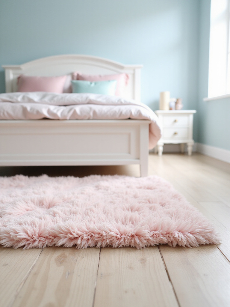 Soft pink fluffy rug beside a bed in a girl's bedroom.