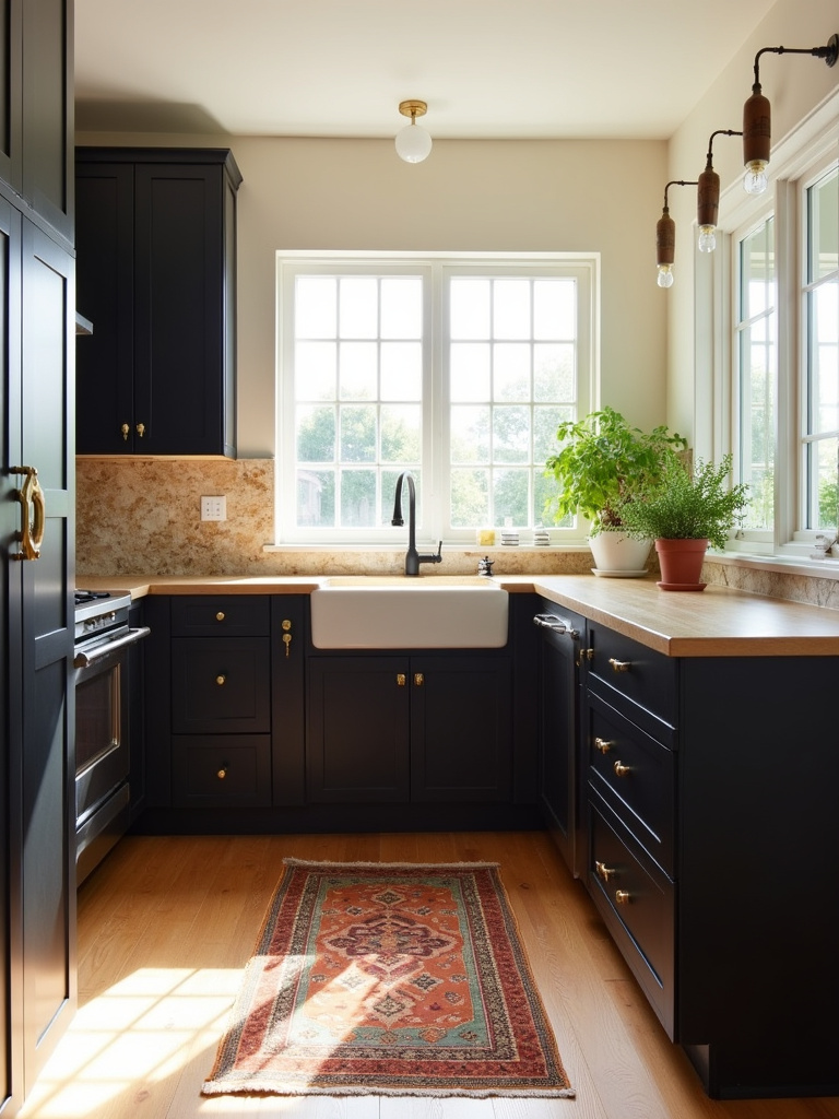 Bright kitchen with black cabinets, warm white walls, and light oak flooring.