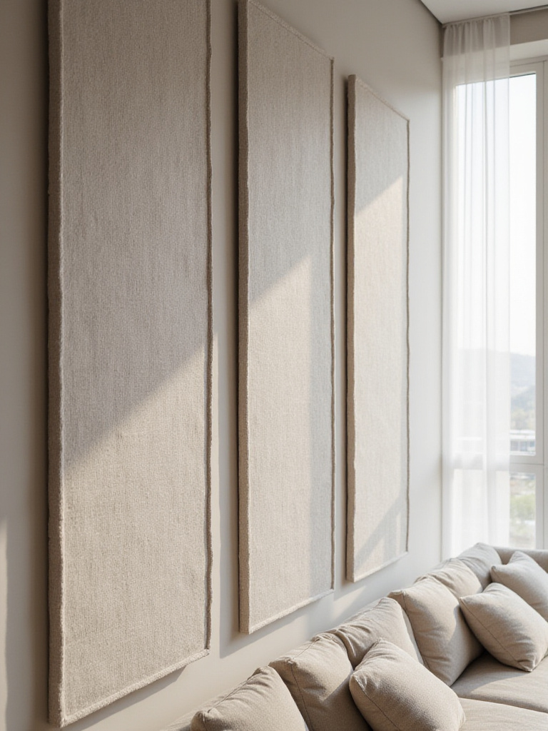 Living room wall with elegant linen fabric panels.