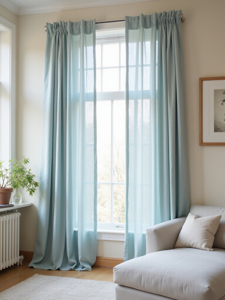 Serene living room with soft blue linen curtains and natural light.